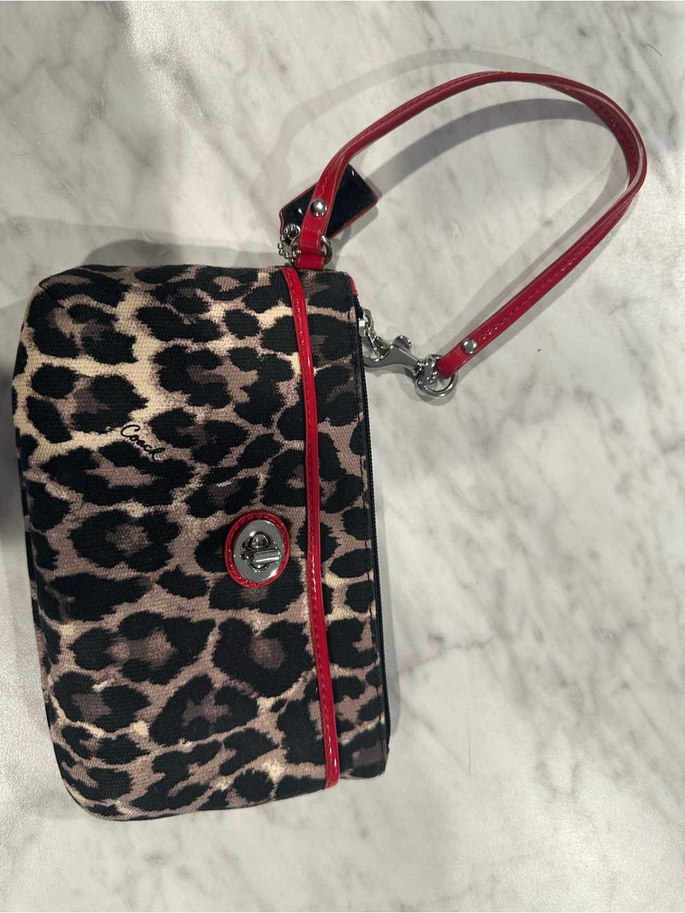 Coach Leopard Print Wristlet with Red Trim